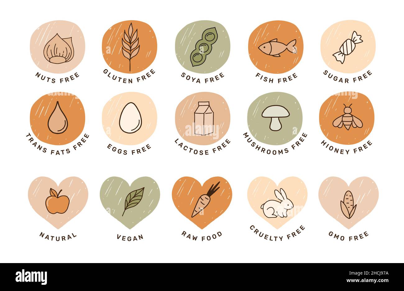 Hand drawn allergens icon. Collection of gluten free, fish, egg, nuts, soya, milk, dairy free icons, sticker and symbols Stock Vector