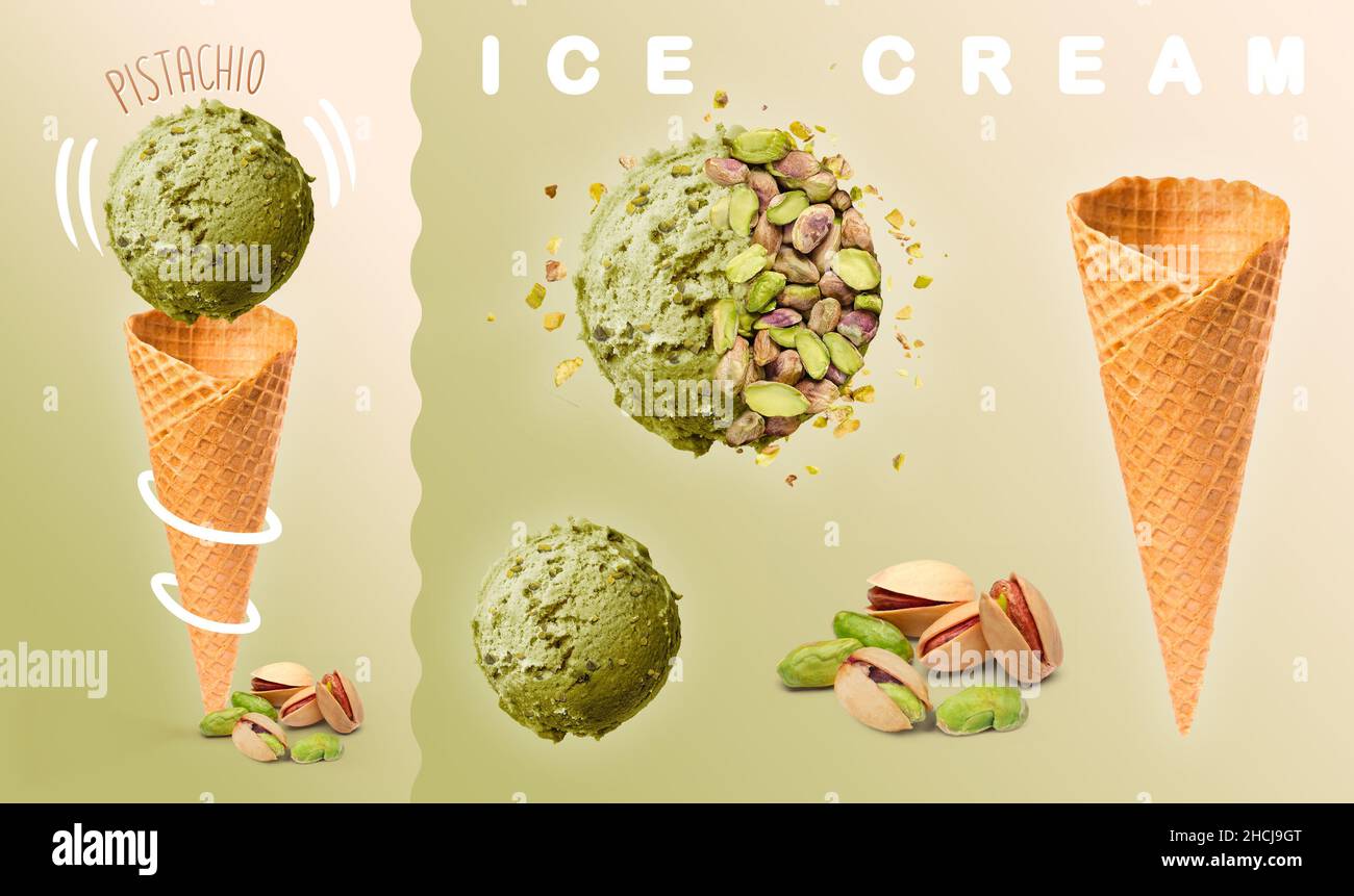 Pistachio ice cream. Scoops of pistachio ice cream with waffle cone and ...