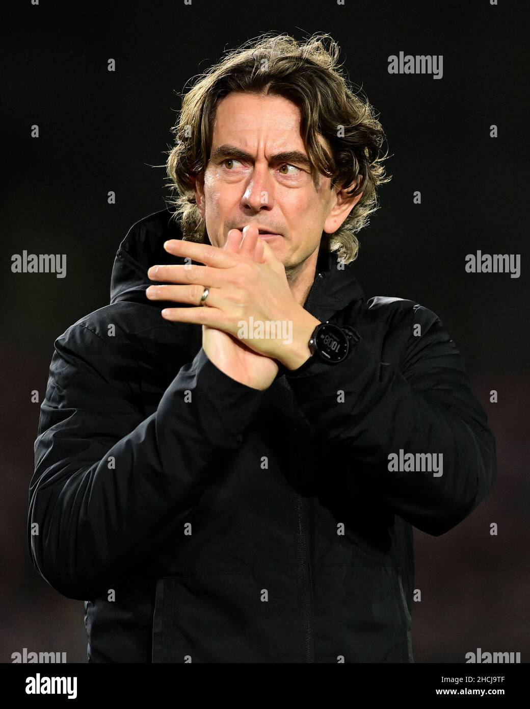Thomas Frank manager of Brentford applauds the fans at the final ...