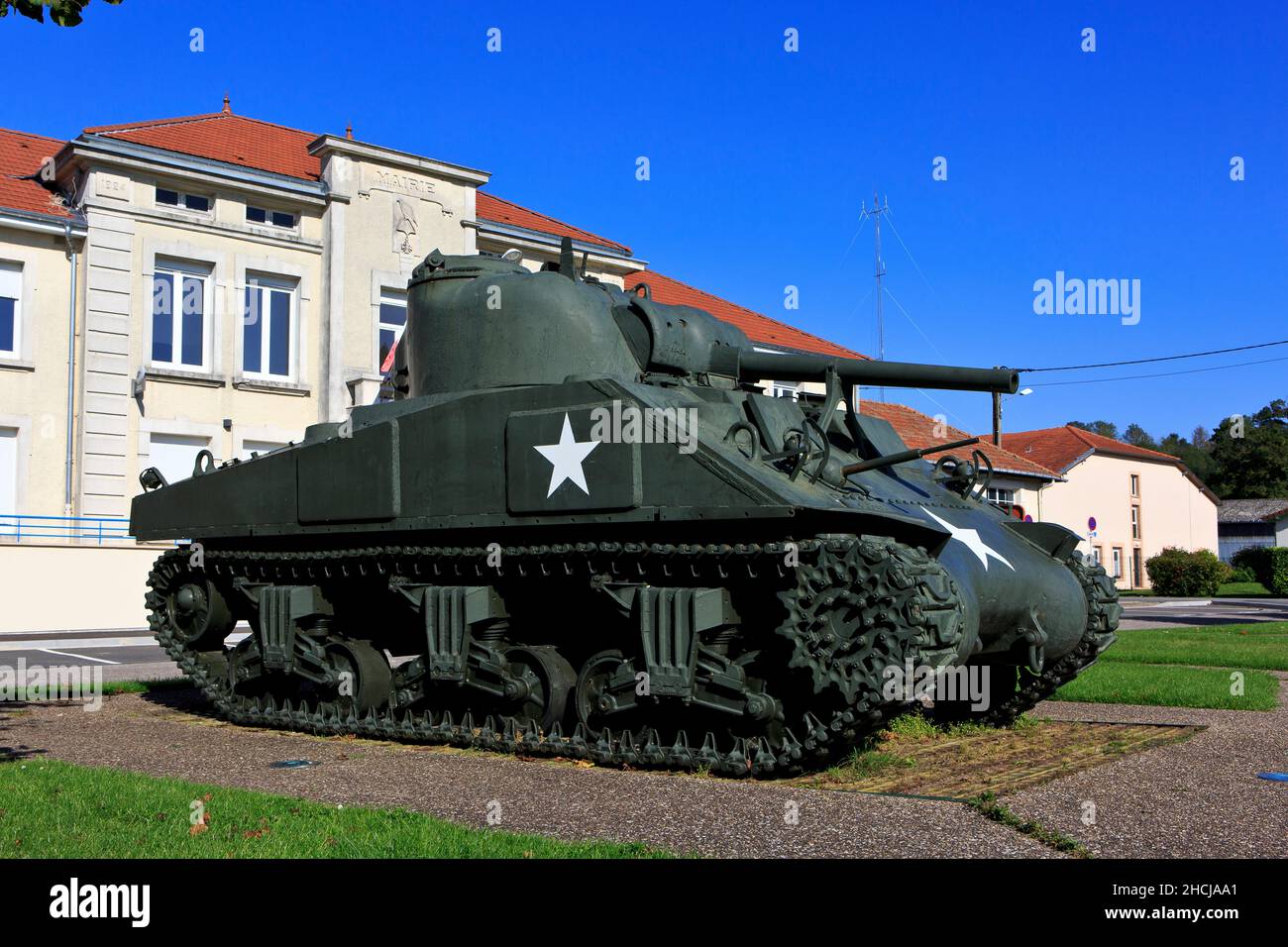 A World War II Sherman M4A1 Tank on display in Montfaucon-d'Argonne (Meuse), France Stock Photo
