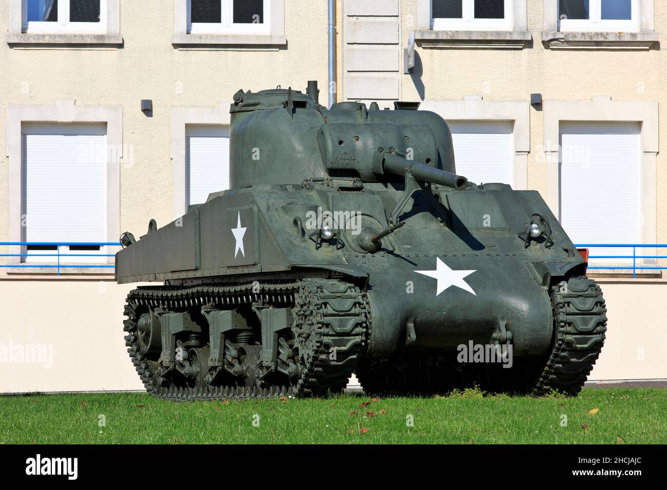 A World War II Sherman M4A1 Tank on display in Montfaucon-d'Argonne (Meuse), France Stock Photo