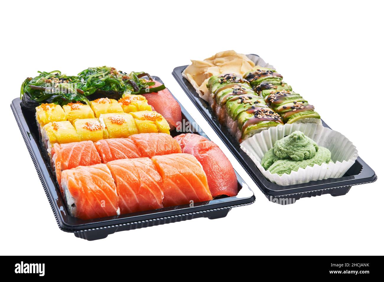 Delivery trays of sushi isolated over white background Stock Photo Alamy