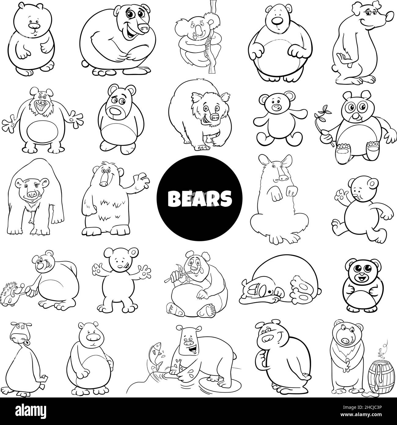 Black and white cartoon illustration of funny bears animal characters big set coloring book page Stock Vector