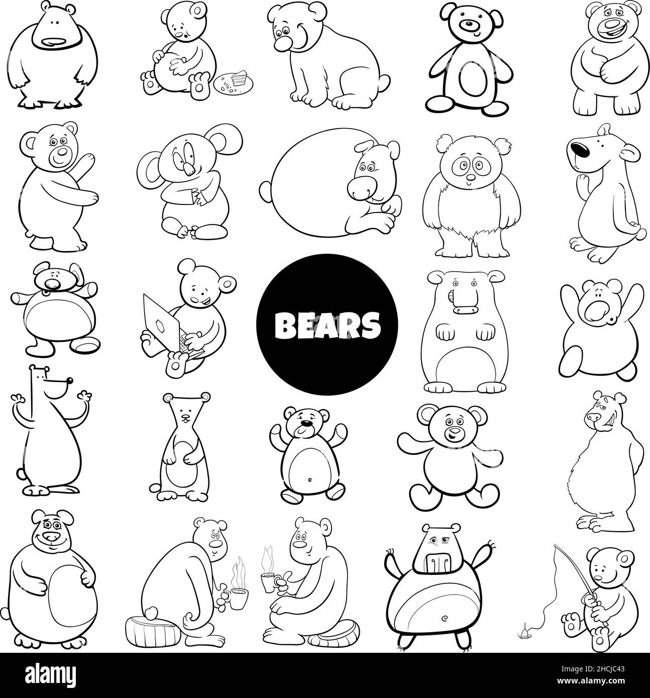 Black and white cartoon illustration of bears animal characters big set coloring book page Stock Vector