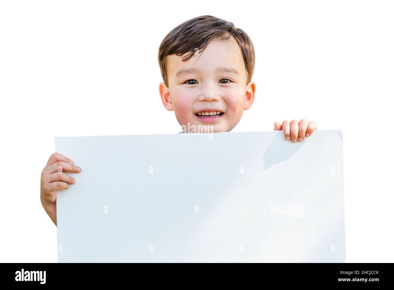 Chinese and Caucasian Boy Holding Blank Poster Board Isolated on White Background. Stock Photo