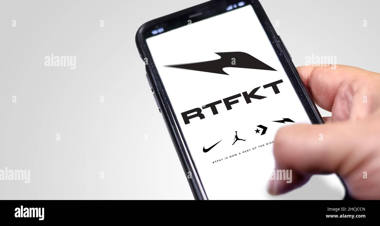 Beaverton, OR, USA, December 2021: RTFKT logo on the screen of a smartphone. RTFKT is a digital fashion company creating virtual sneakers and collecti Stock Photo