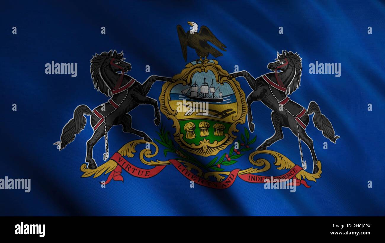 Flag of american state of Pennsylvania, region of the United States waving in the wind, seamless loop. Blue flag with horses and eagle. Stock Photo