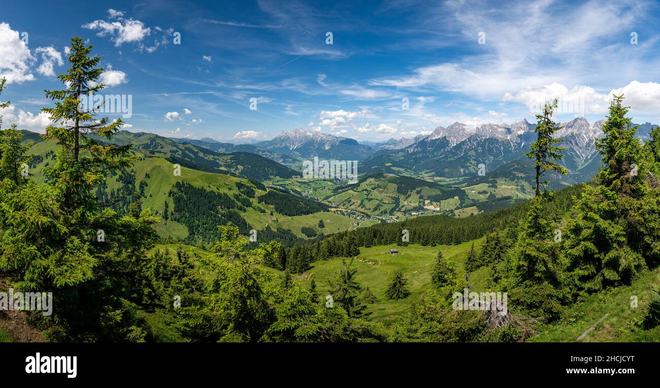 Panorama view of Maria Alm and Saalfelden in summer, Salzburg, Austria Stock Photo
