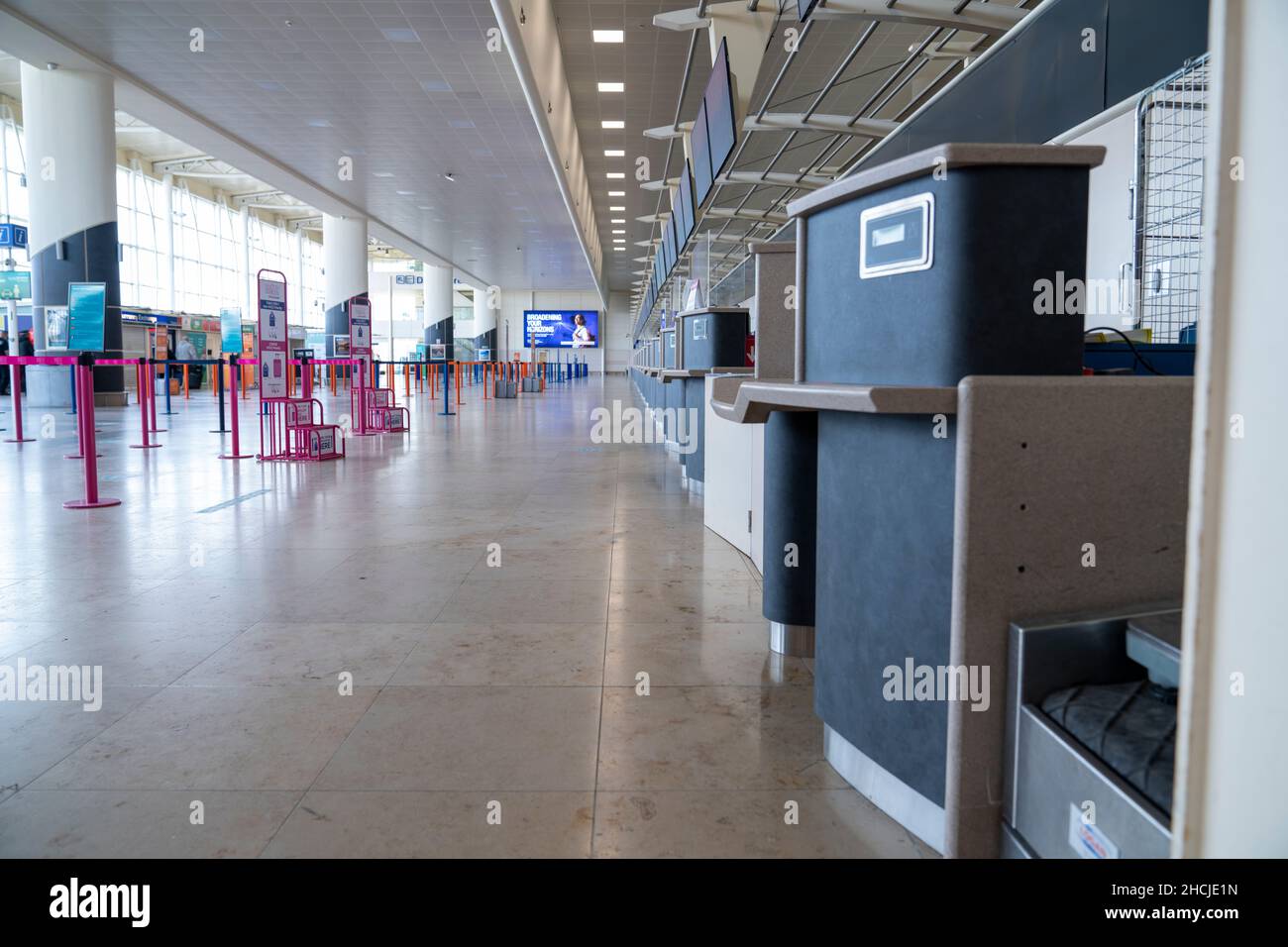 Closeup shot of the inside of Liverpool John Lennon Airport empty of travelers Stock Photo