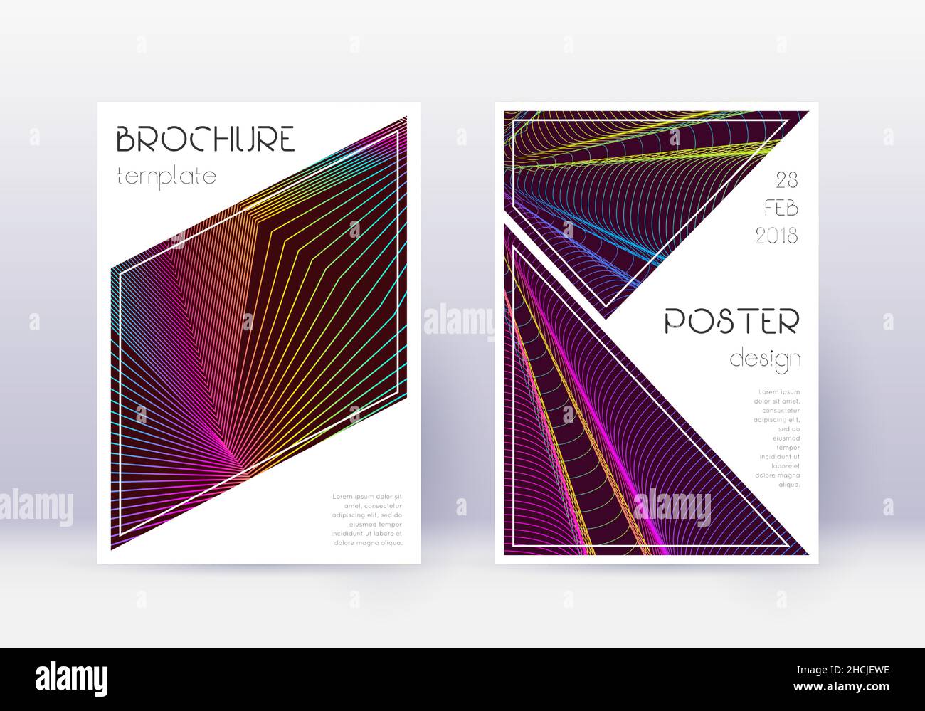 Triangle cover design template set. Rainbow abstract lines on wine red