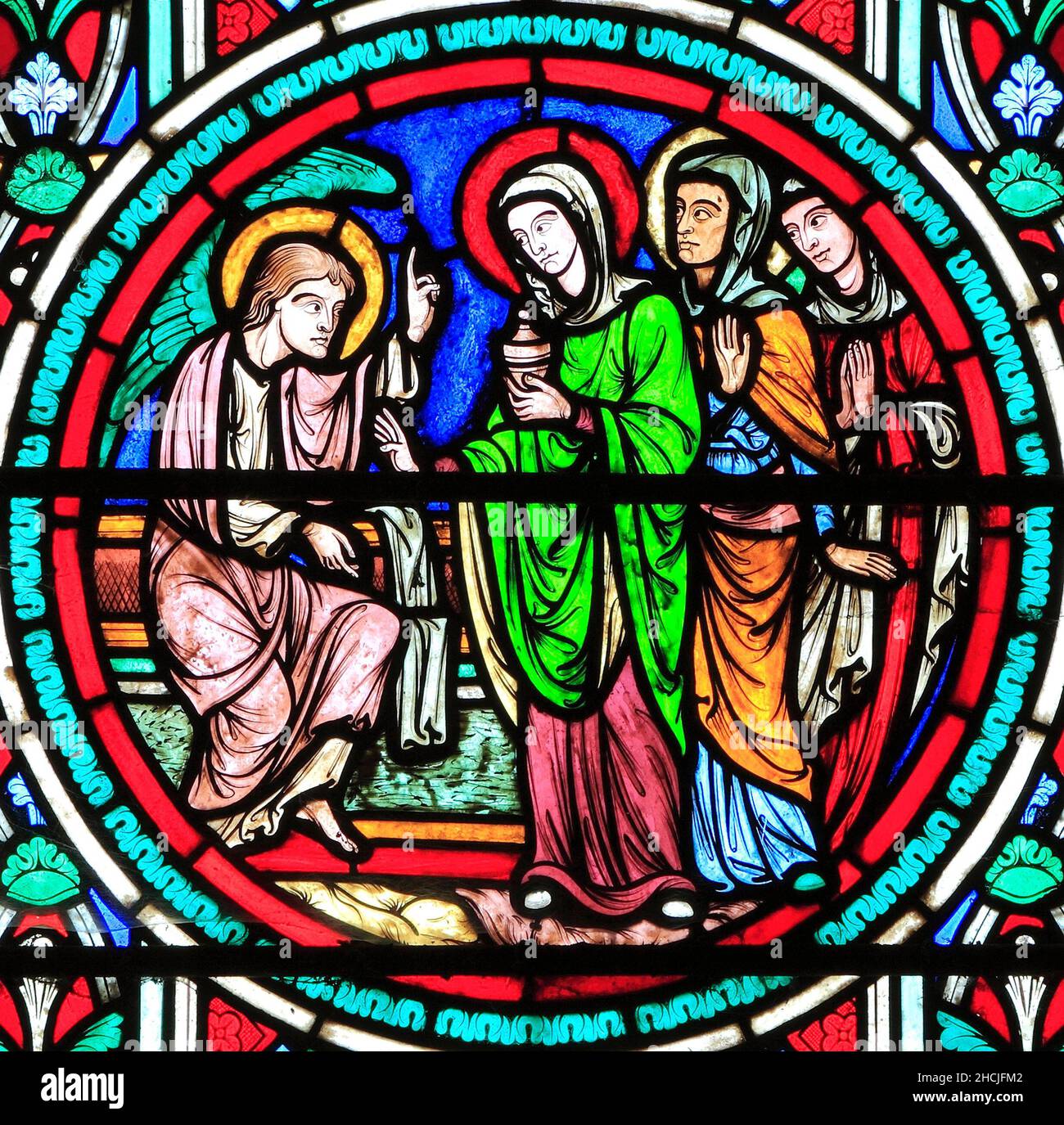 Three Marys, meet the Angel at the empty Tomb,  Resurrection window, stained glass, by Adolph Didron of Paris, 1860, Feltwell, Norfolk, England Stock Photo