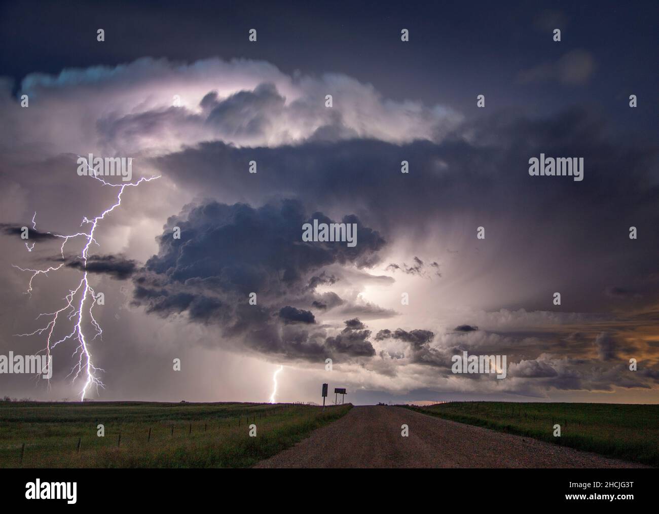 Major lightning Saskatchewan storm in summer rural Canada Stock Photo