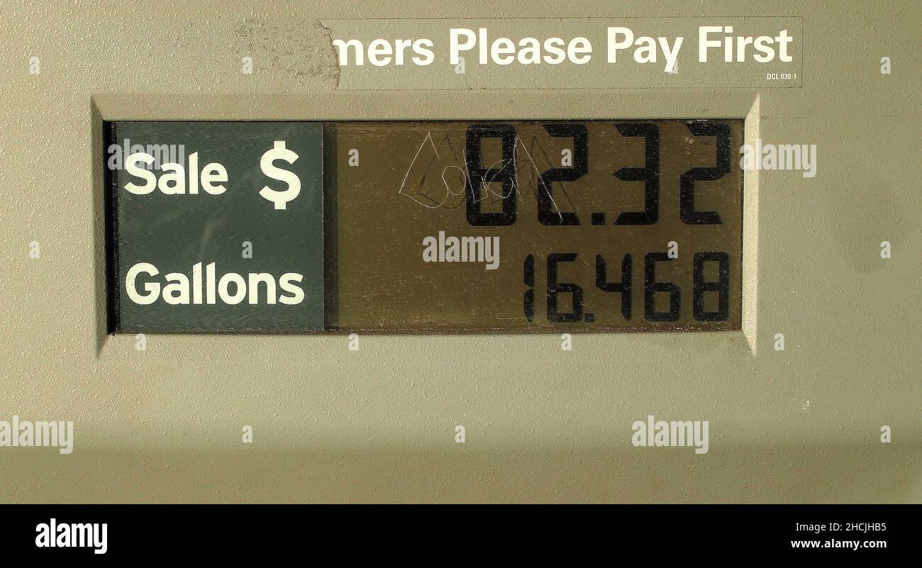 American gasoline pump sale dollars and gallons in California Stock Photo