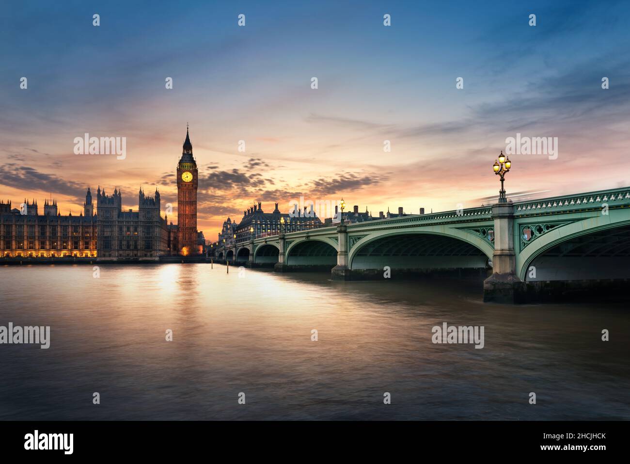 Big Ben and Westminster Bridge at dusk, London, UK Stock Photo