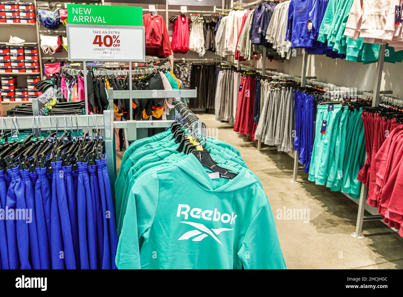 Orlando Florida Orlando Vineland Premium Outlets outlet factory store  fashion mall shopping Reebok athletic shoes clothing apparel display sale  sign 4 Stock Photo - Alamy
