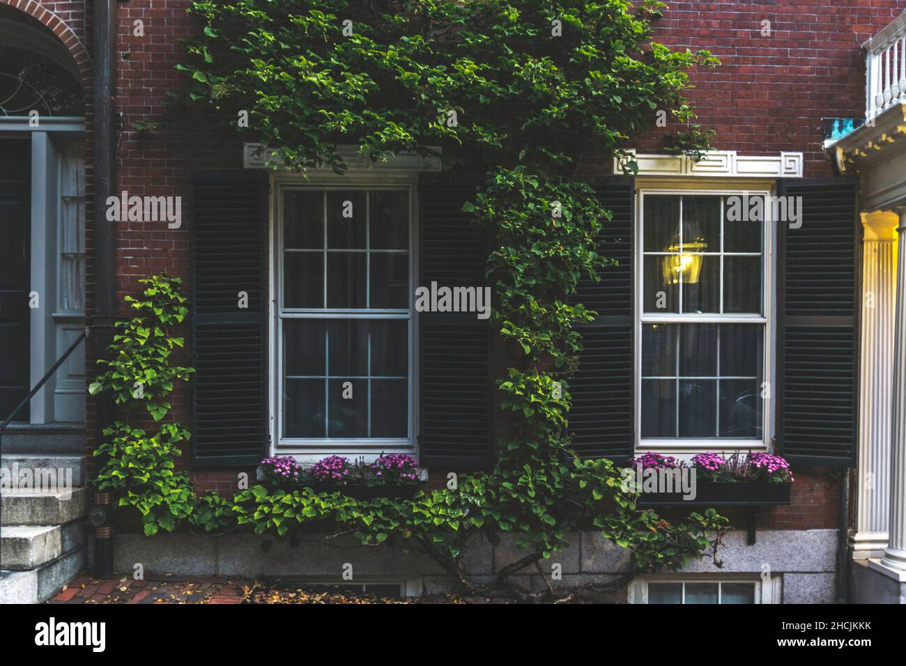 View of an apartment building with a brick wall and two windows