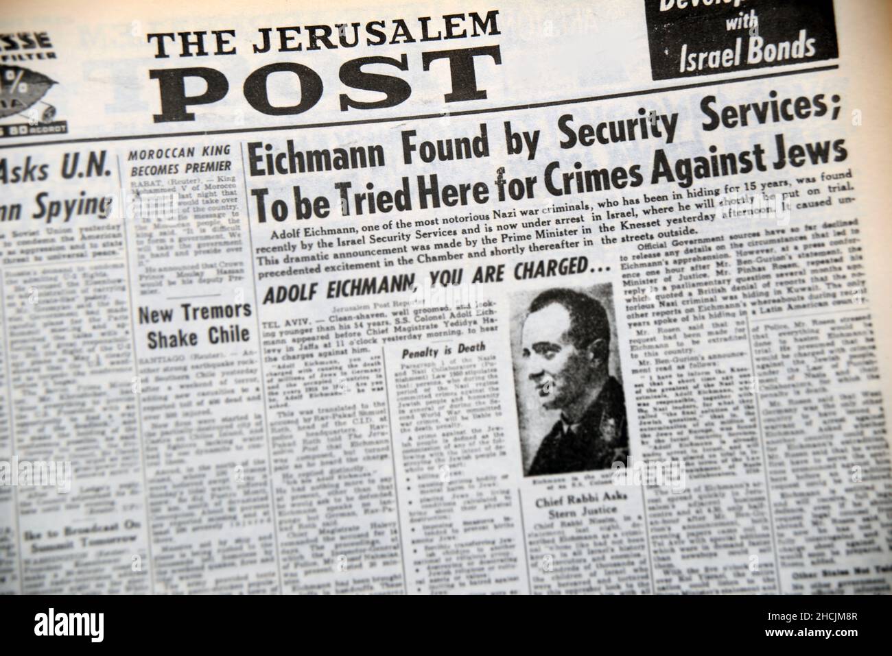 Headline from Israeli newspaper featuring an historical event - Adolf Eichmann captured, 1961 Stock Photo