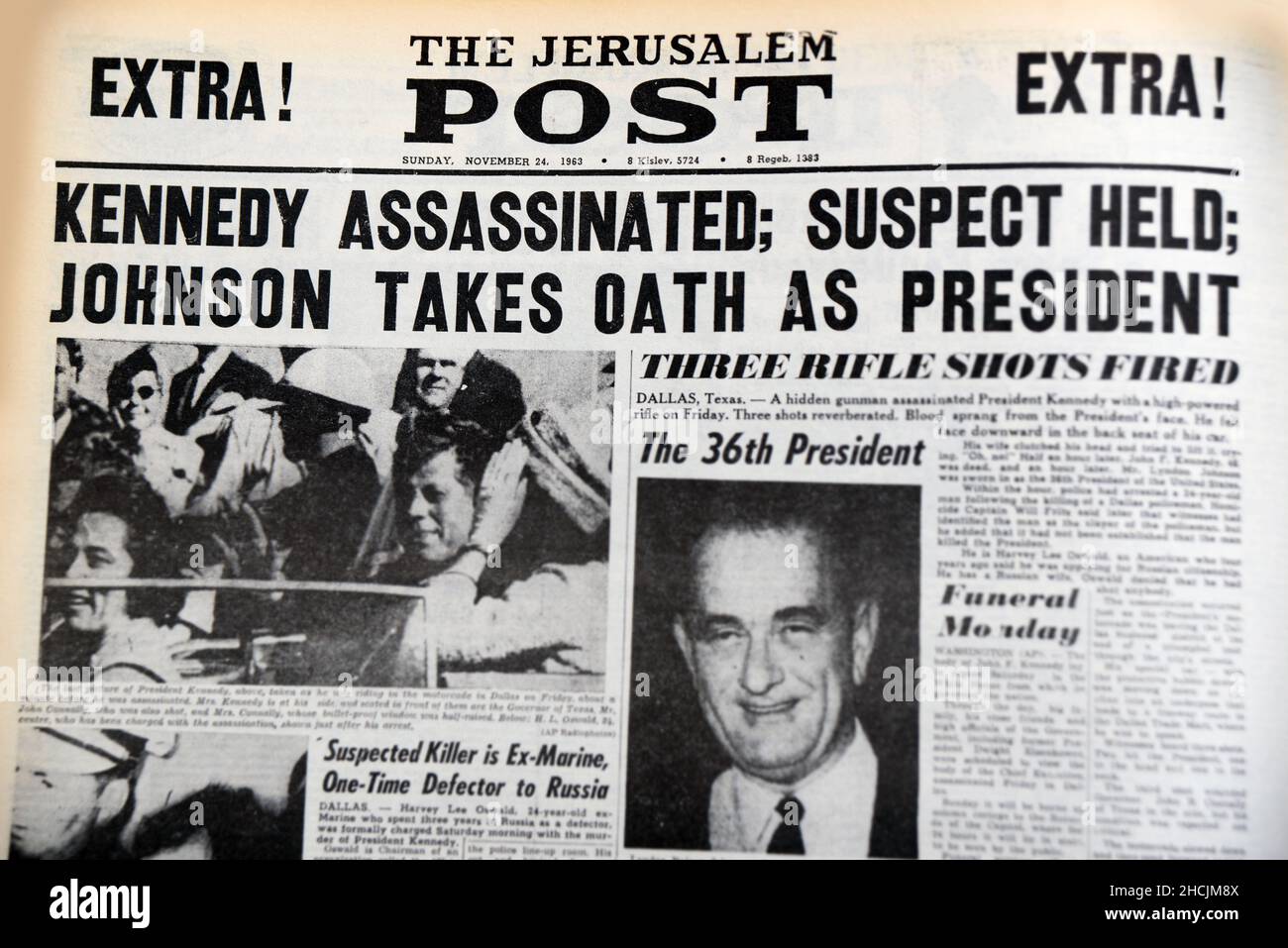 Headline from Israeli newspaper featuring an historical event - Kennedy Assassinated, 1963 Stock Photo