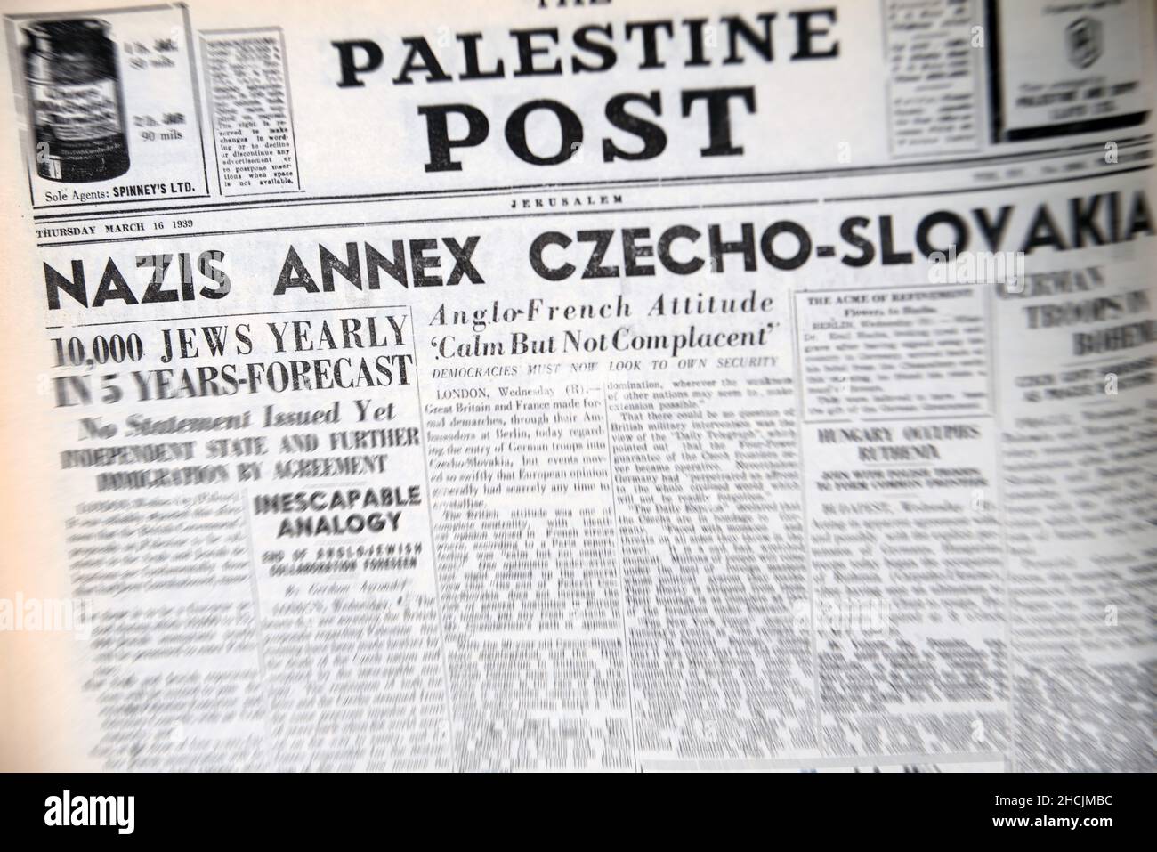 Headline from Israeli newspaper featuring an historical event - The Nazis annex Czechoslovakia Stock Photo