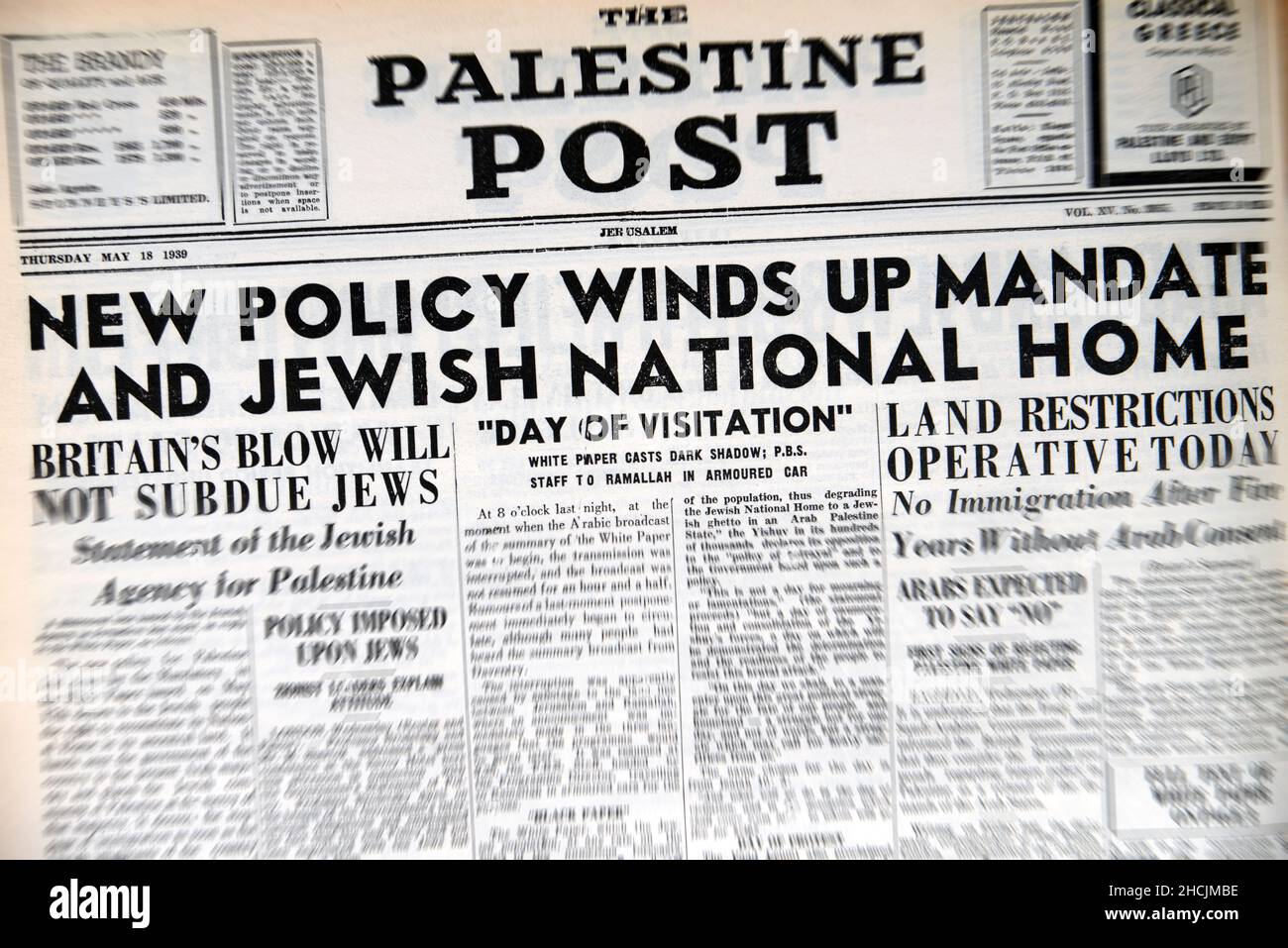 Headline from Israeli newspaper featuring an historical event - British Mandate over Stock Photo