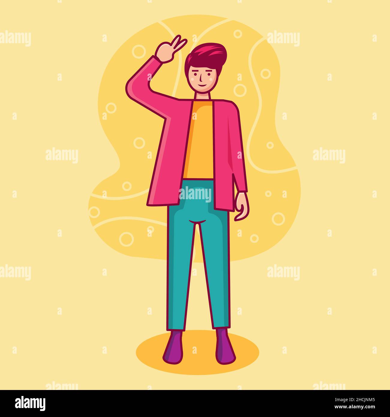 cute cartoon young guy with peace sign hand gesture vector illustration Stock Vector