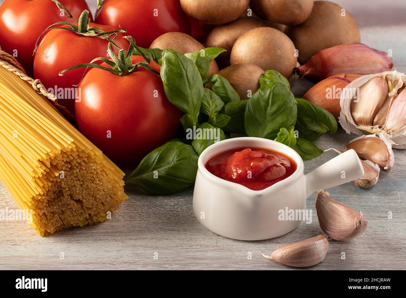 Ingredient for cooking Italian spaghetti with mushrooms Stock Photo Alamy
