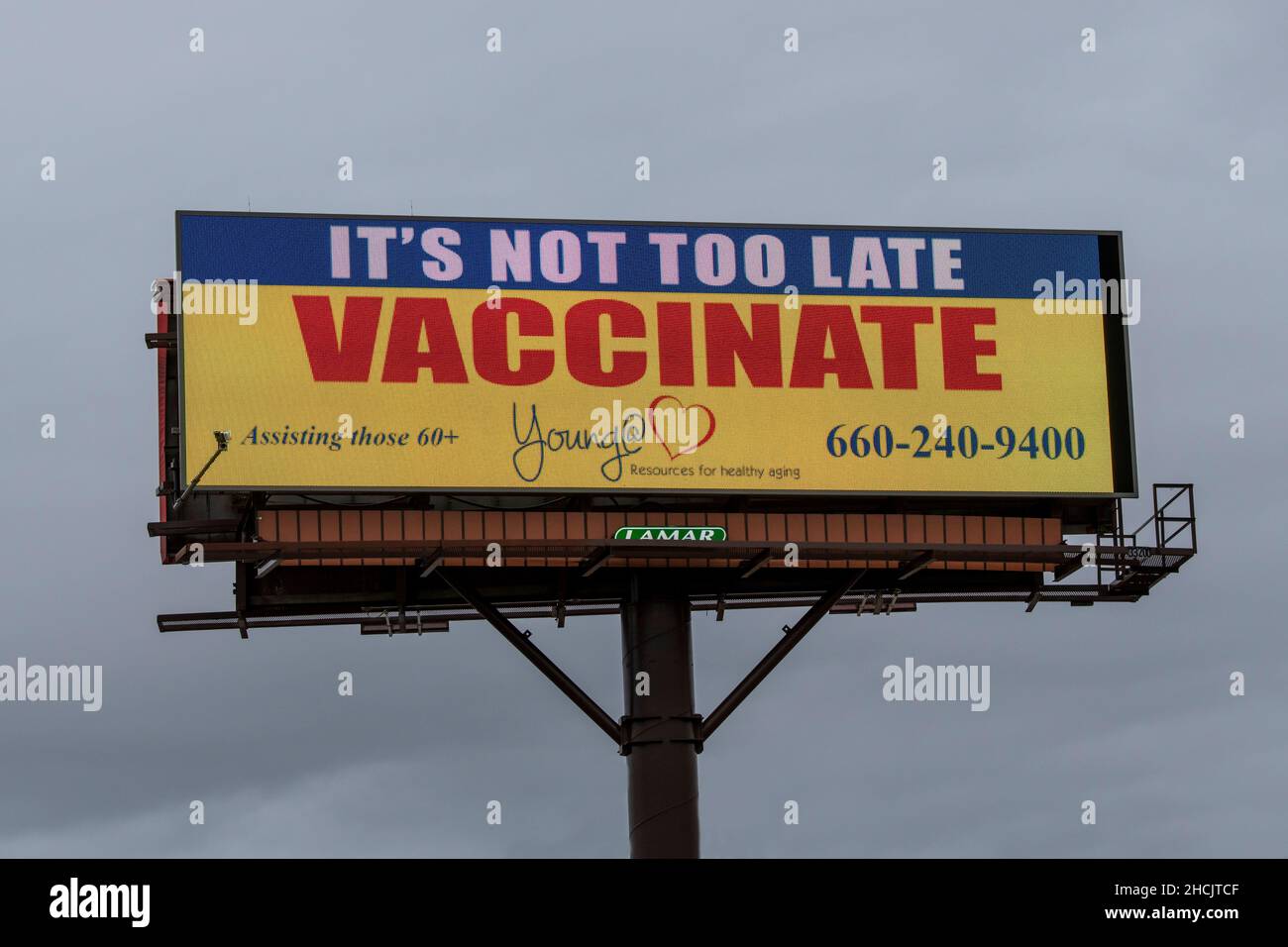 St. Joseph, Missouri. Its not to late to vaccinate on billboard sign. Stock Photo