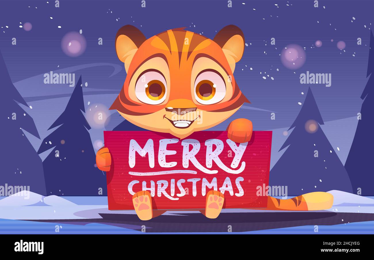 Cute tiger holding banner with Merry Christmas congratulation. Wild funny kitten in winter forest with fir-trees around. Animal cub xmas character with greeting card, Cartoon Vector illustration Stock Vector