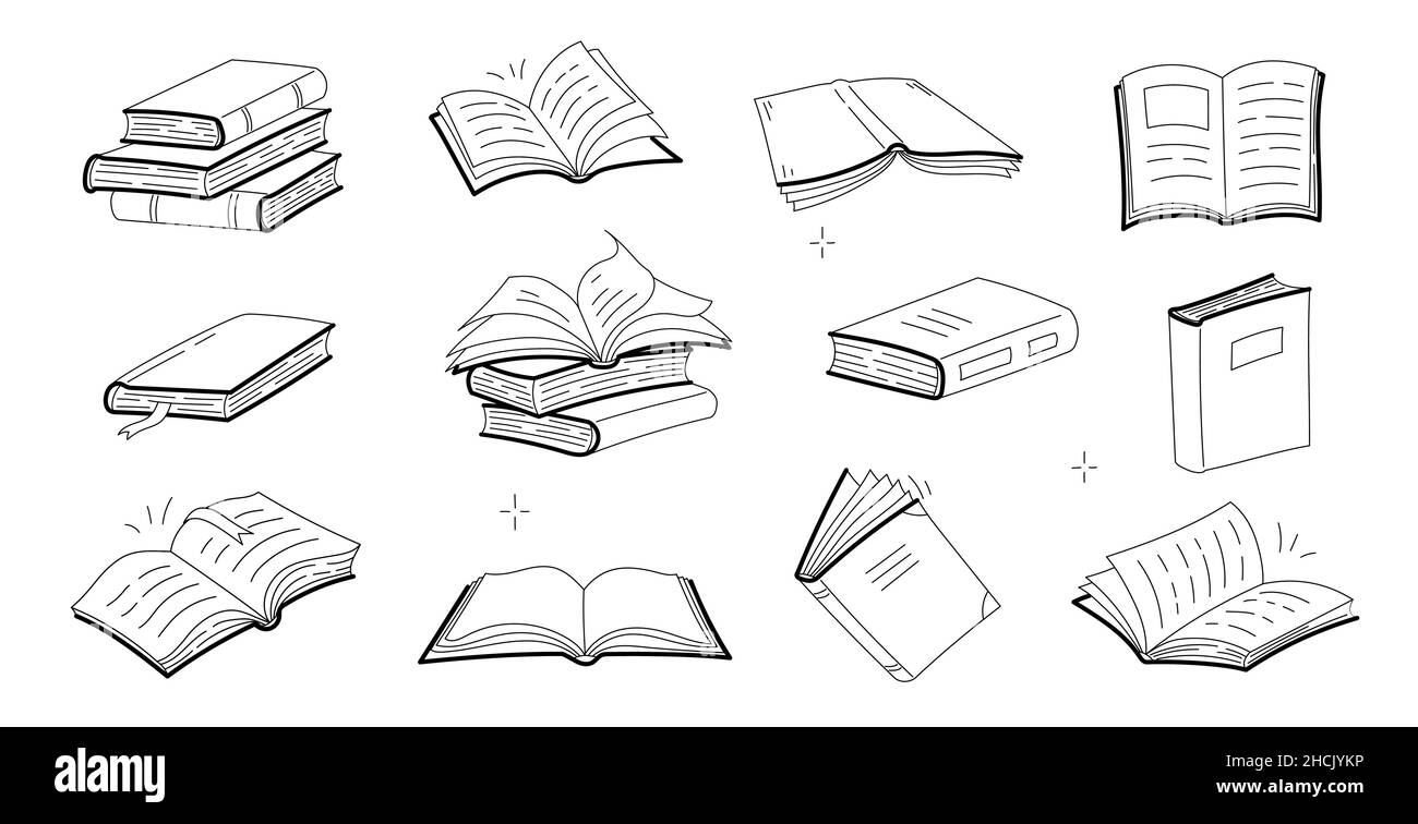 Sketches of open and closed books, stack of textbooks, dictionary or novels with blank covers. Vector doodle icons of literature for library, store, university or school isolated on white background Stock Vector