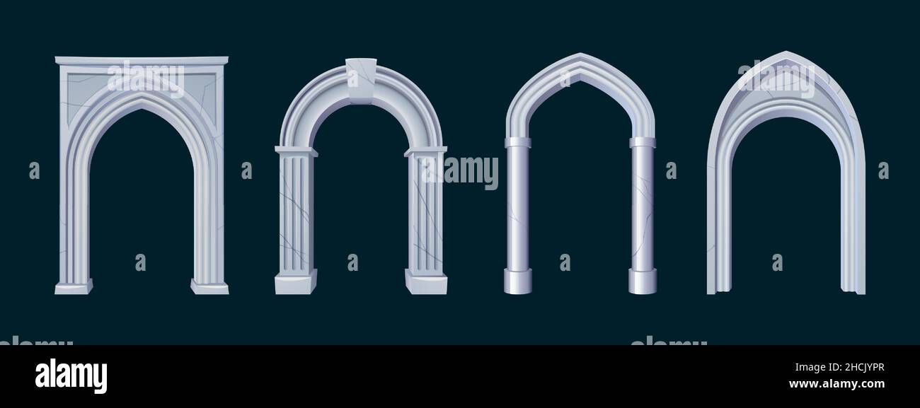 Ancient greek or roman arches from white marble. Vector cartoon set of antique architecture elements entrance with stone pillars and columns isolated on black background Stock Vector Image Art Alamy