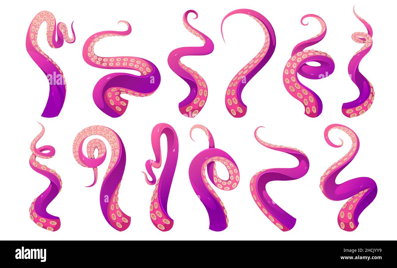Tentacles of octopus, squid or kraken. Vector cartoon set of scary sea monster arms, purple and pink giant octopus tentacles with suckers. Cthulhu hands and legs isolated on white background Stock Vector