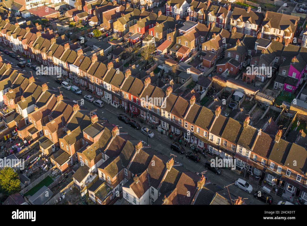 Aerial View of Terraced Working Class Housing in Luton at Sunset Stock