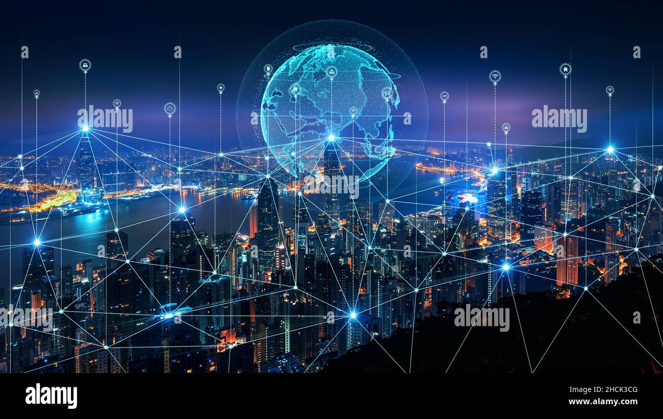 Smart connection network system, smart city network concept, 5G wireless connection. Stock Photo