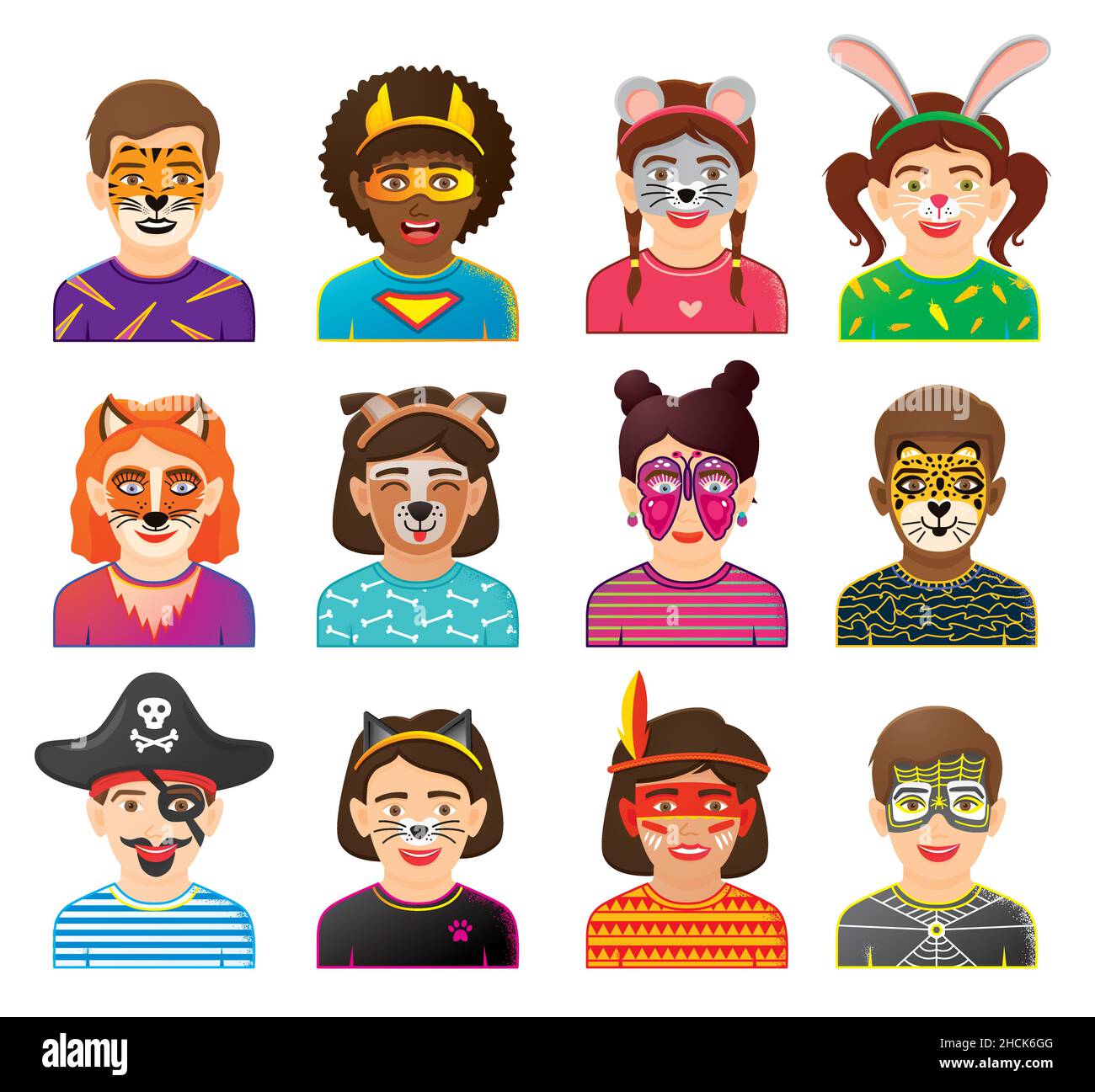 Face Painting. Collection of Kids Faces with Painting with Animals and Superheroes. Vector Illustration. Funny Kids Faces. Carnaval Costume with Mask. Stock Vector