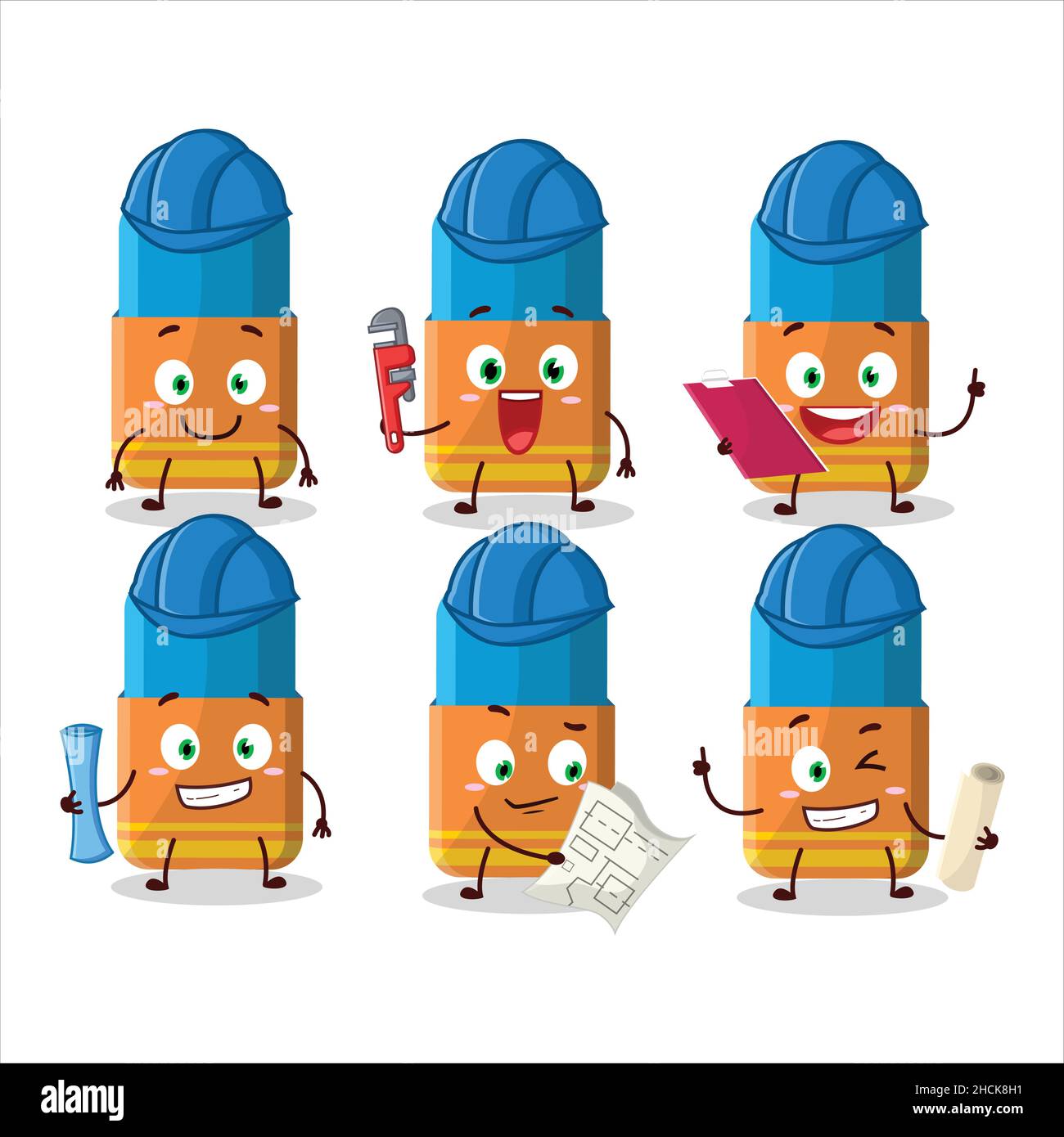 architect orange eraser cute mascot character with pliers. Vector illustration Stock Vector