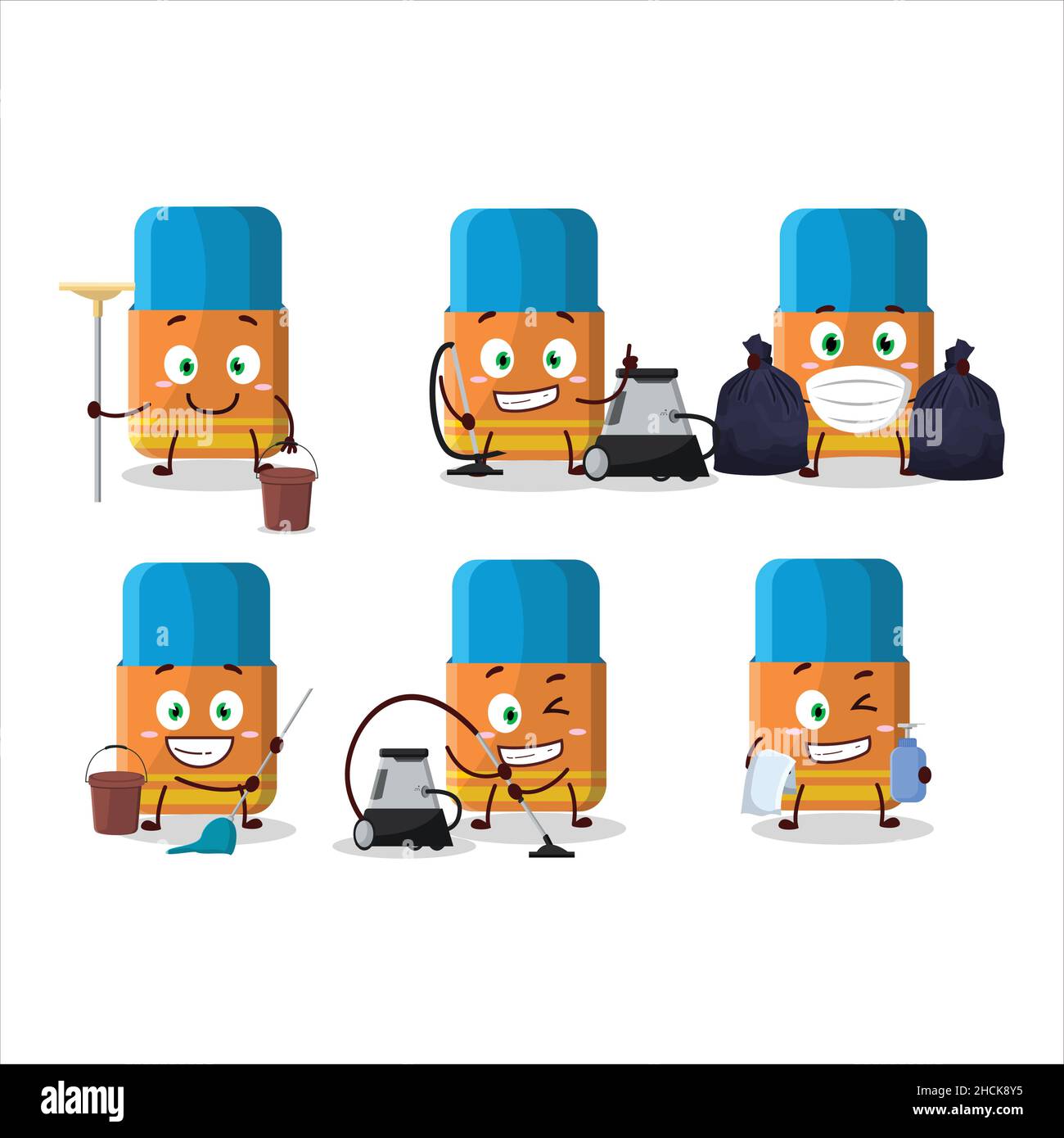 Cleaning service orange eraser cute cartoon character using mop. Vector ...