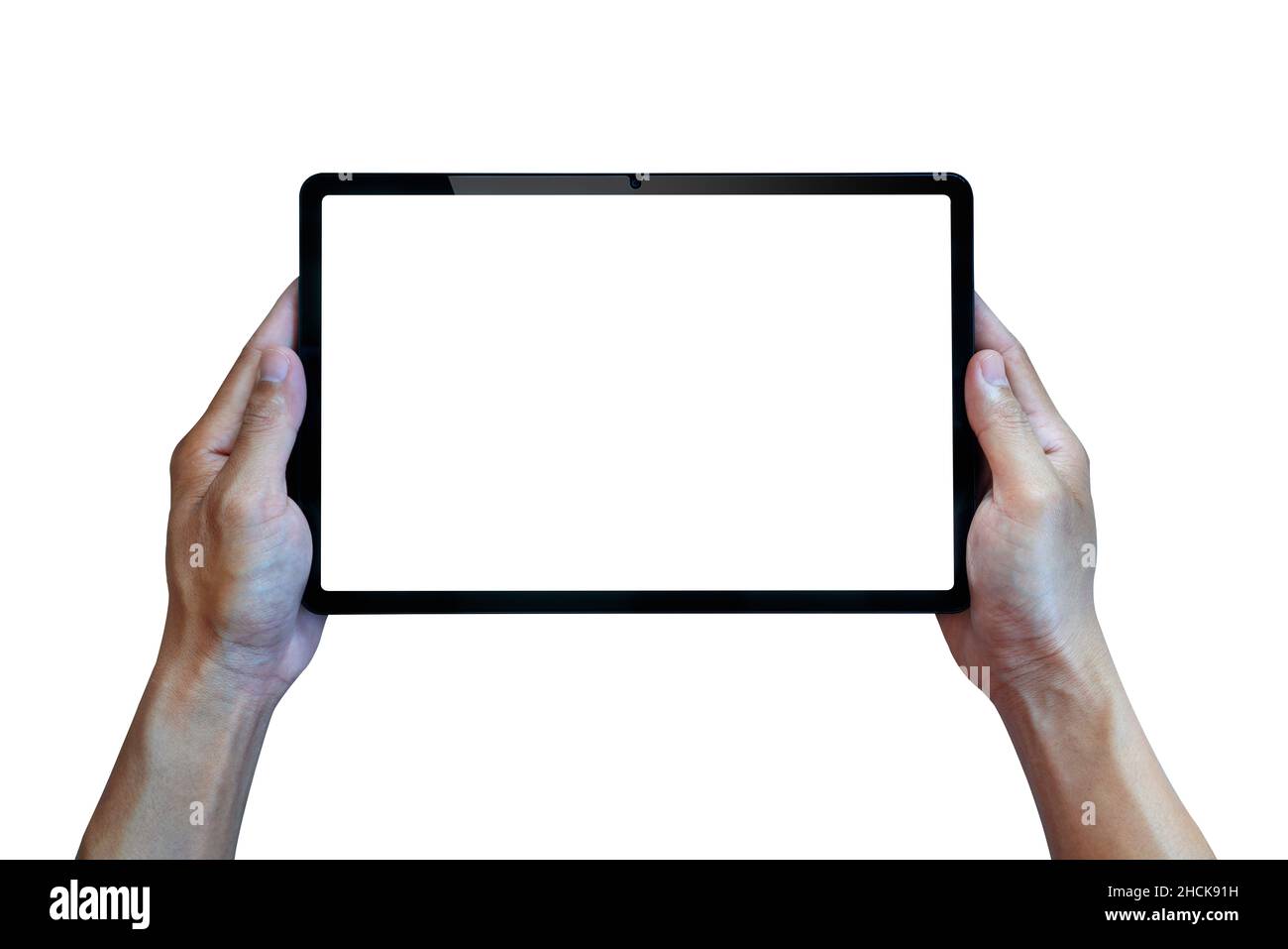 Hands holding digital tablet isolated on white background, Smart tablet. Stock Photo