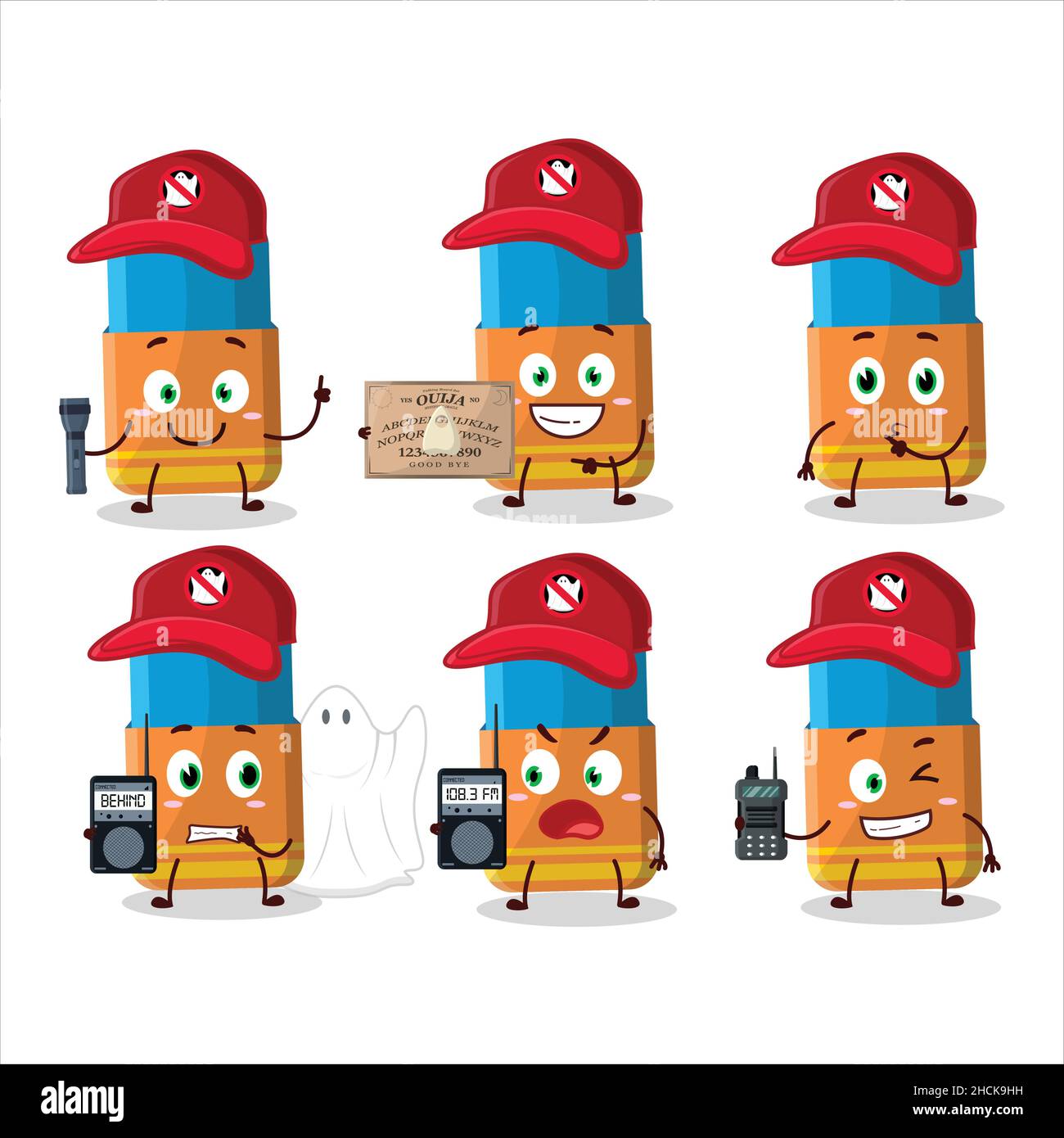 Ghost hunter cartoon orange eraser character using camera. Vector illustration Stock Vector