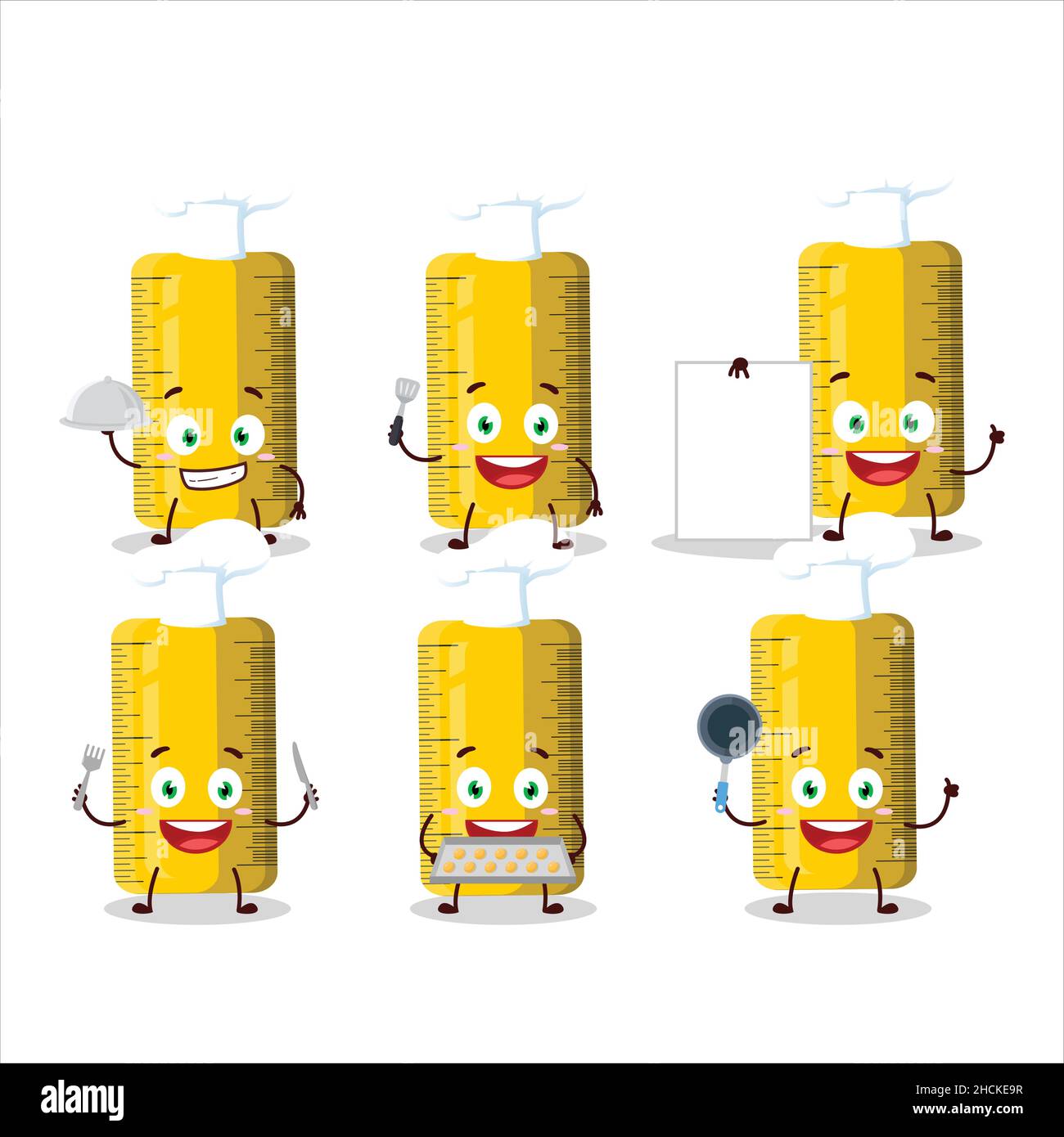 Cartoon character of yellow ruler with various chef emoticons. Vector ...