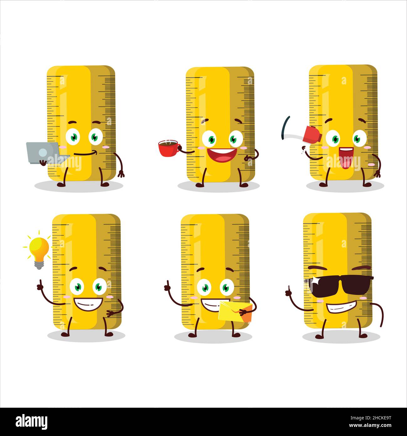 yellow ruler cartoon character with various types of business emoticons ...