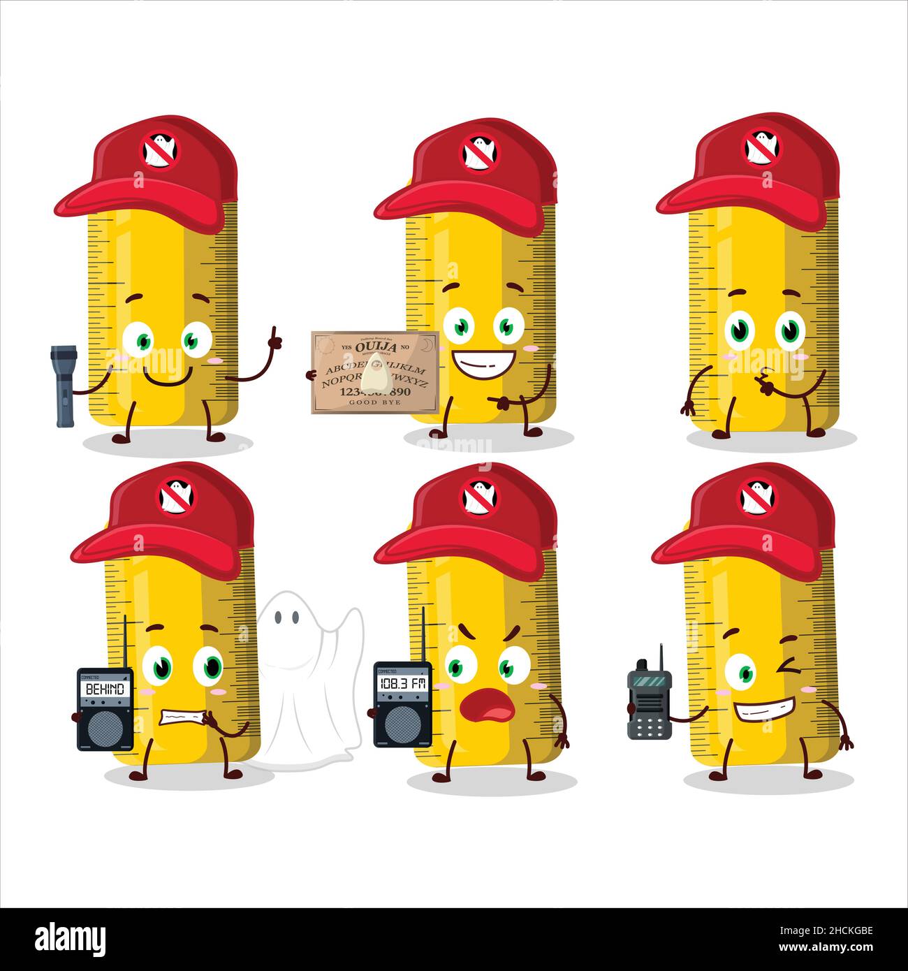 Ghost hunter cartoon yellow ruler character using camera. Vector illustration Stock Vector