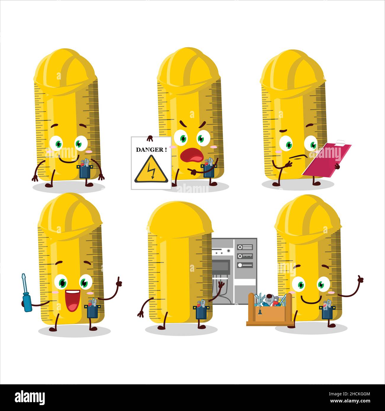 Professional Lineman yellow ruler cartoon character with tools. Vector