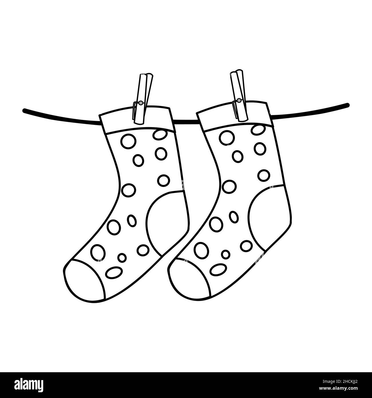 Socks on clothespin icon isolated on white background.Socks hanging on clothesline.Simple line laundry drying sign, contour symbol.Vector illustration Stock Vector