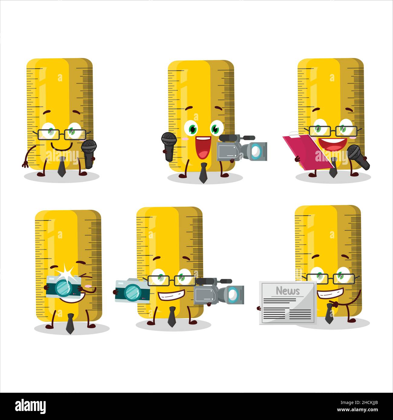 Character reporter yellow ruler cute mascot with microphone. Vector ...