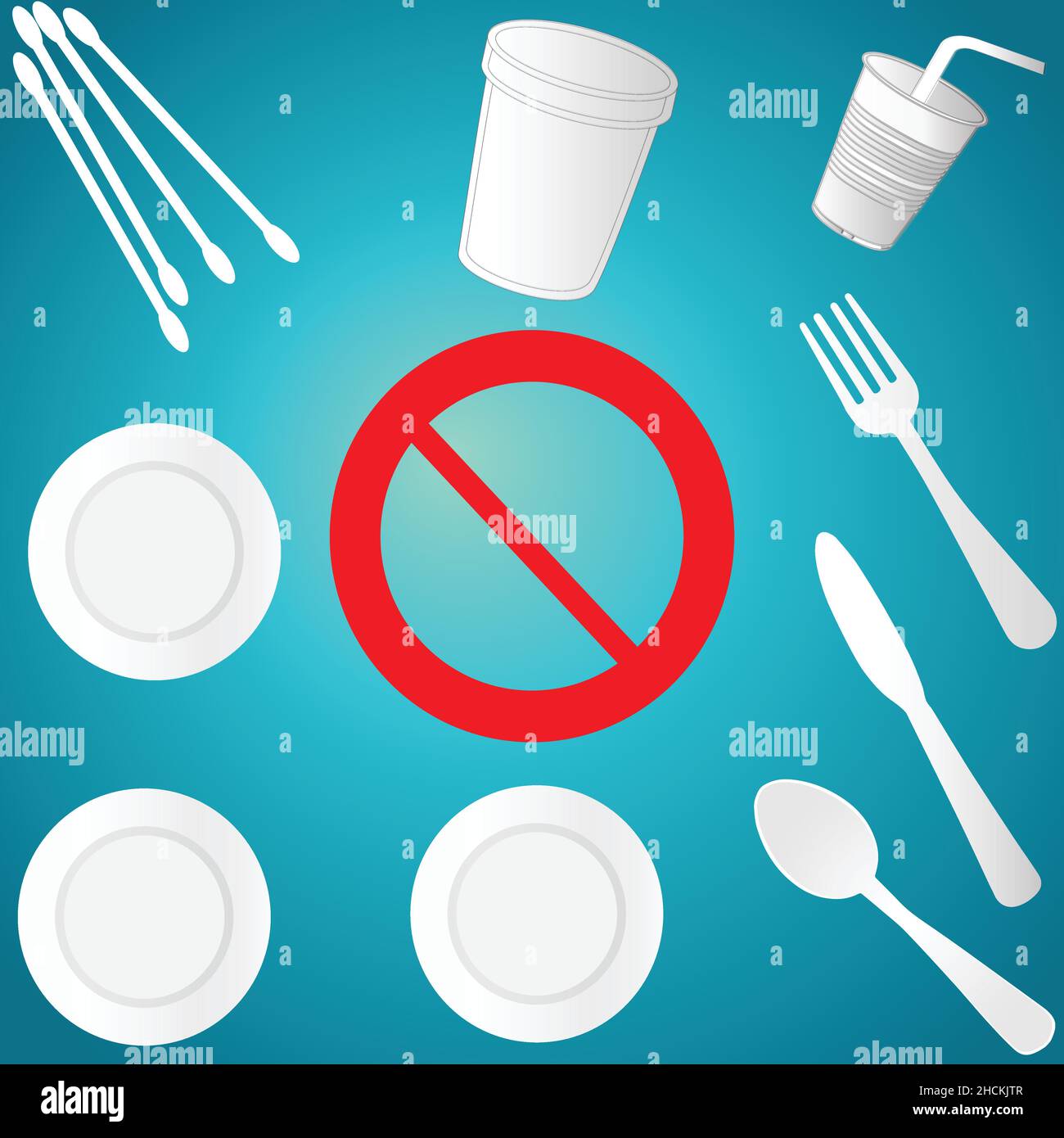 Single use plastic objects with prohibition sign Stock Vector