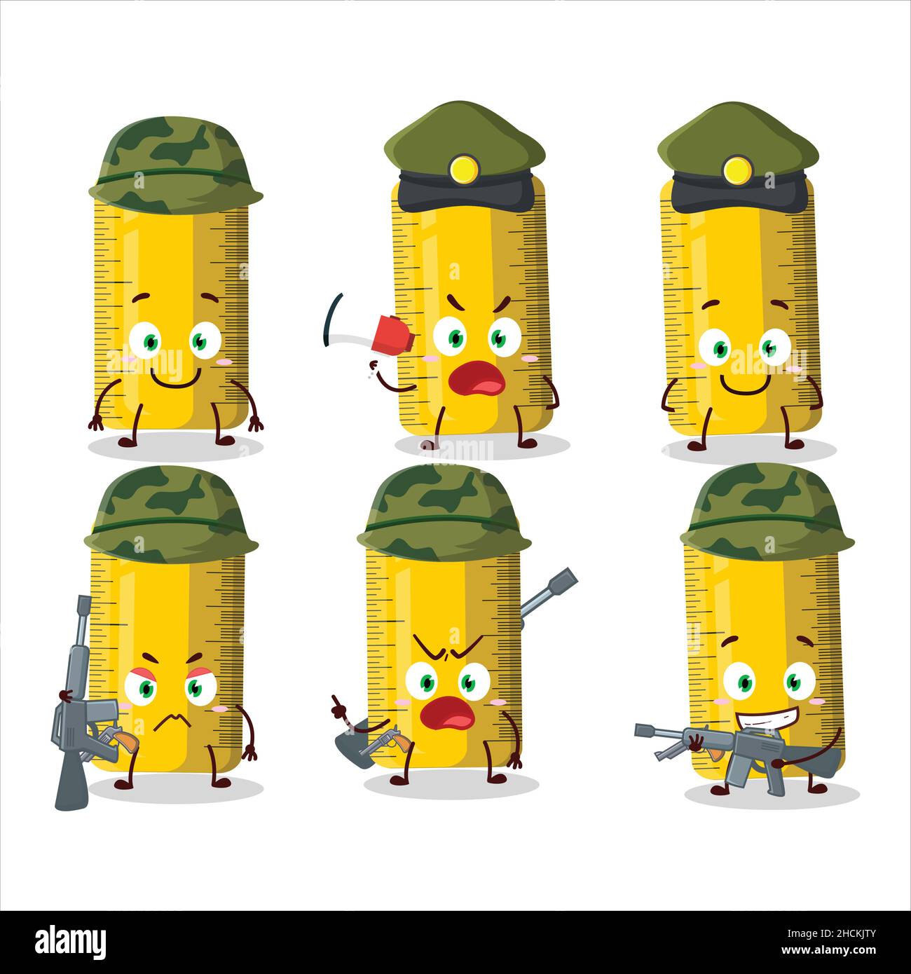 A charming soldier yellow ruler cartoon picture bring a gun machine. Vector illustration Stock Vector