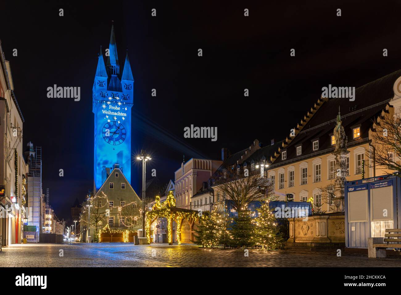 Historical buildings illuminated for holiday season in Straubing, Germany Stock Photo