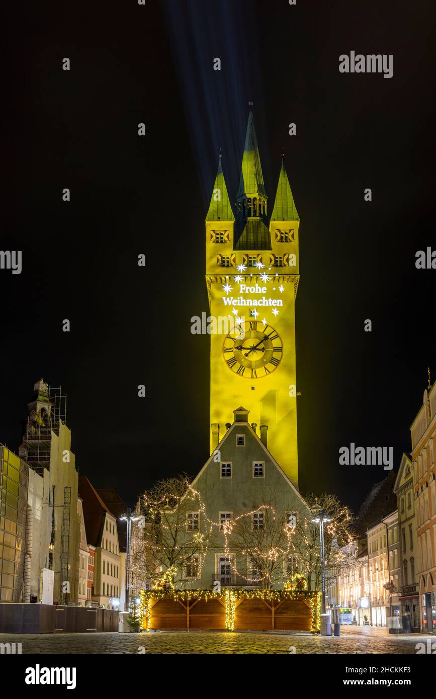 Historical buildings illuminated for holiday season in Straubing, Germany Stock Photo