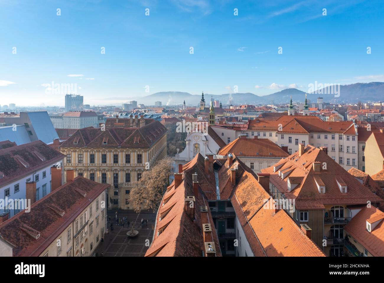 Graz Schlossbergplatz. Architecture of the capital city of Styria in Austria during a cold winter day. Stock Photo