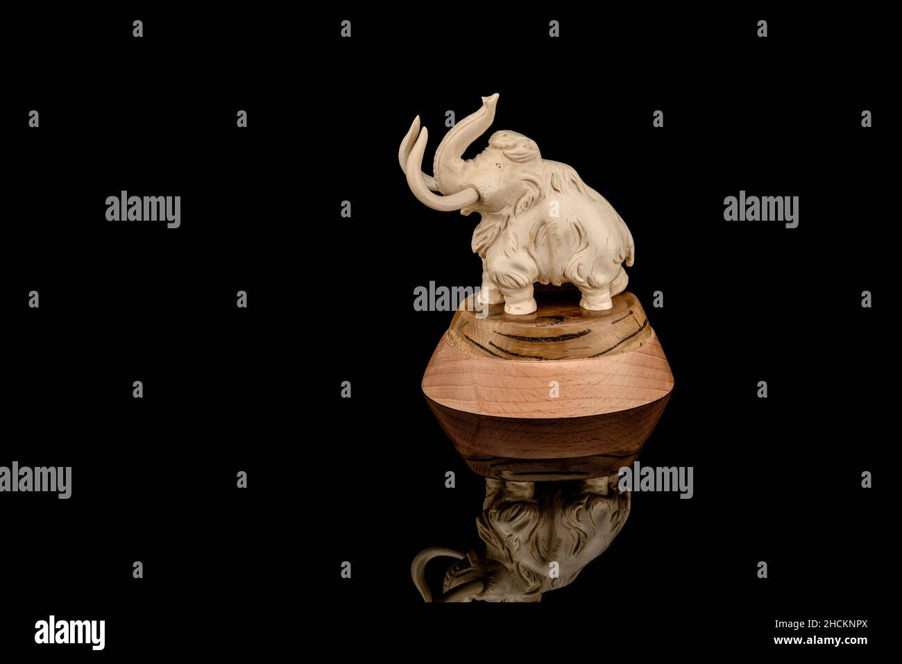 Ivory statuette of elephant mammoth on black background with reflection ...